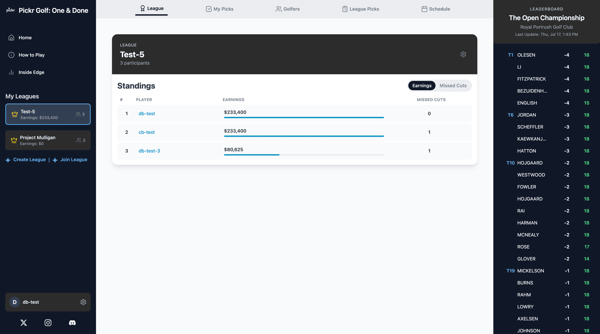 Pickr Golf fantasy golf gameplay dashboard with weekly picks and earnings visuals.